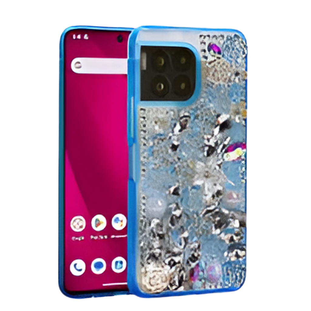 T-Mobile Revvl 7 Pro 5G Luxury Diamond Gem Pearl Rhinestone Case Blue