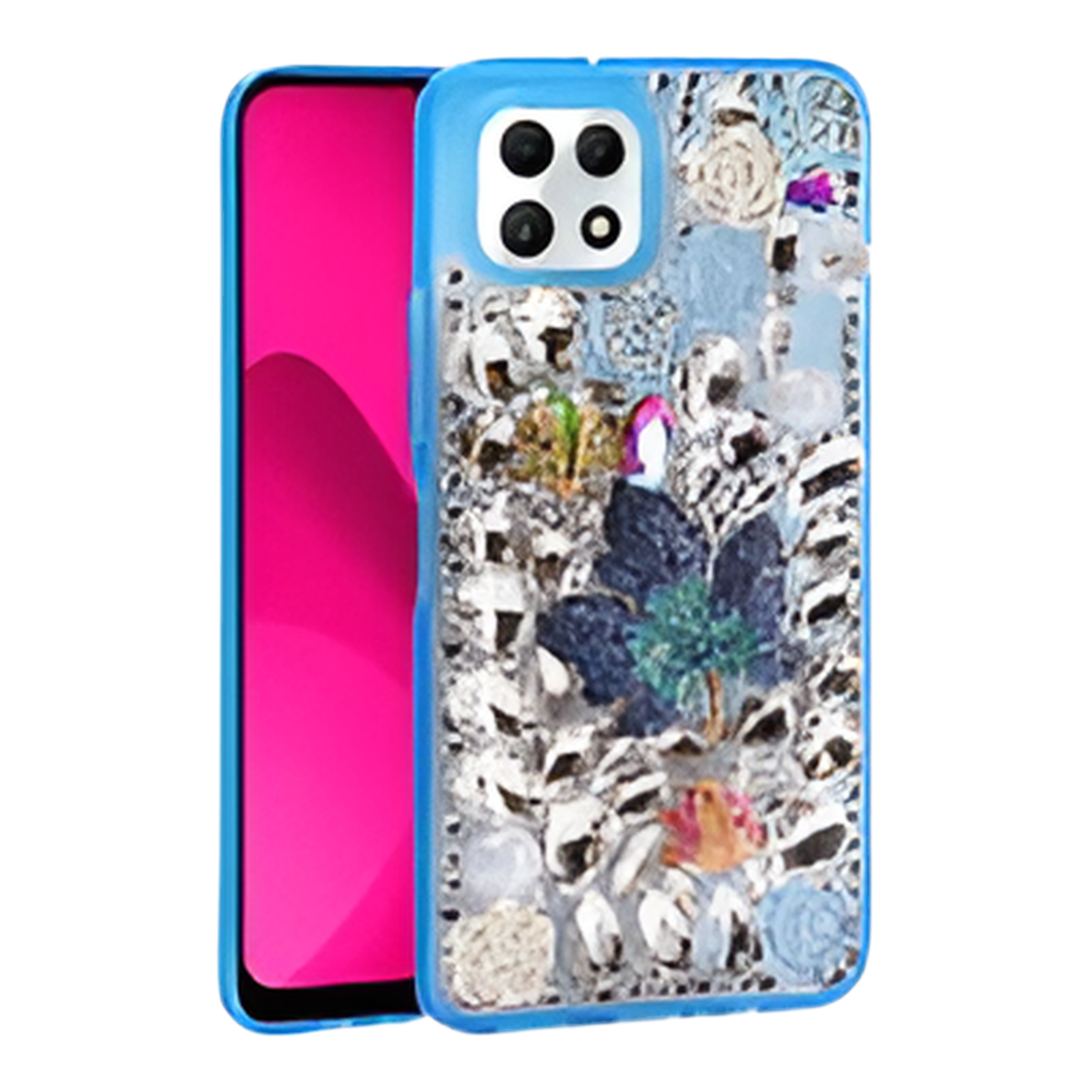 T-Mobile Revvl 7 Pro 5G Luxury Diamond Case With Leaf Design & Strap Blue
