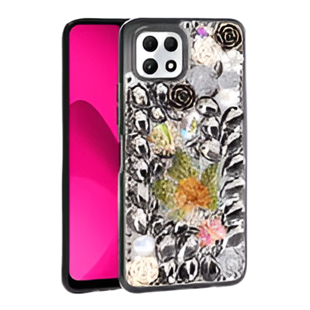 T-Mobile Revvl 7 5G Luxury Diamond Case With Leaf Design & Strap Black