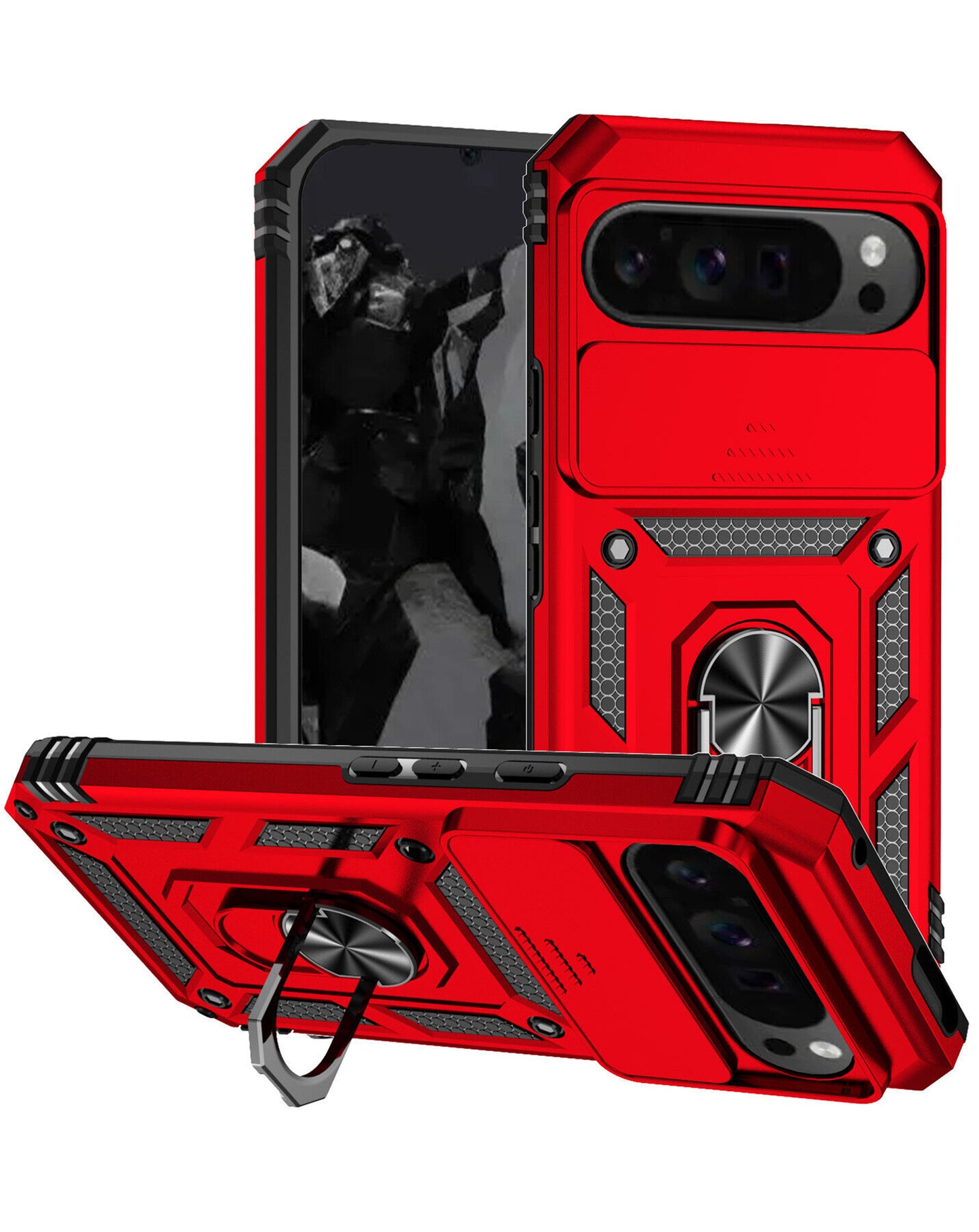 Google Pixel 9 Pro XL Dual Layers Hybrid Case with Metal Ring And Camera Protector - RED