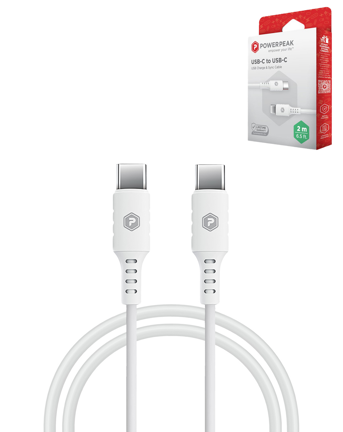PowerPeak ECONOMY USB C-C Cable (WHITE) (6ft) (60W)