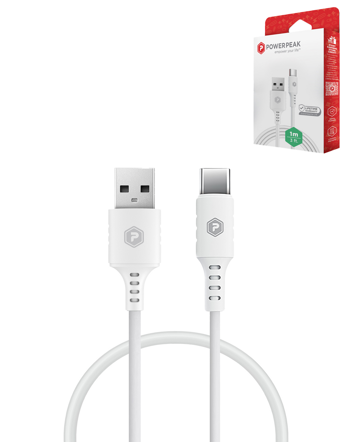 PowerPeak ECONOMY USB A-C Cable (WHITE) (3ft) (60W)