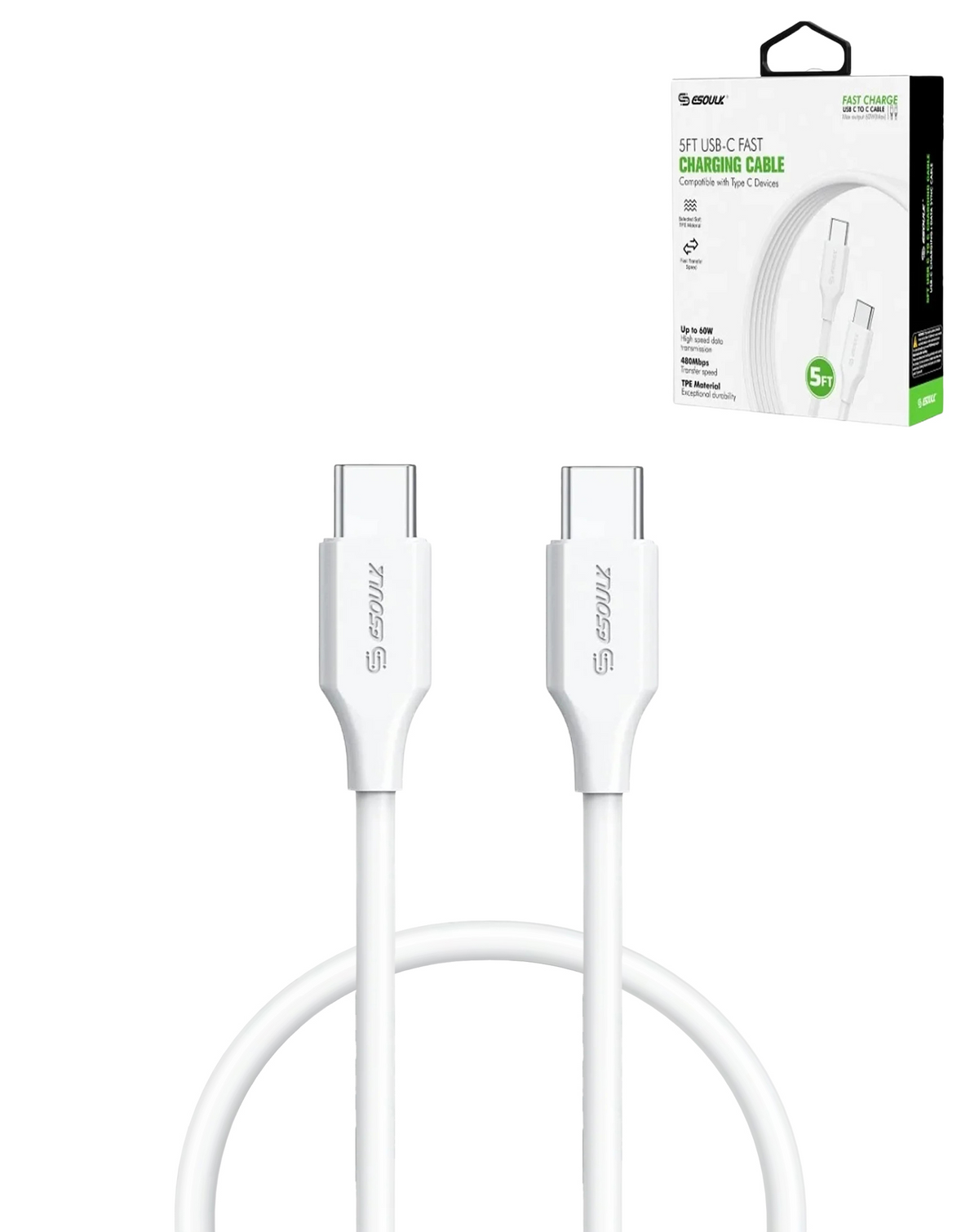 Esoulk C-C Fast Charging Cable (WHITE) (5ft) (60W)