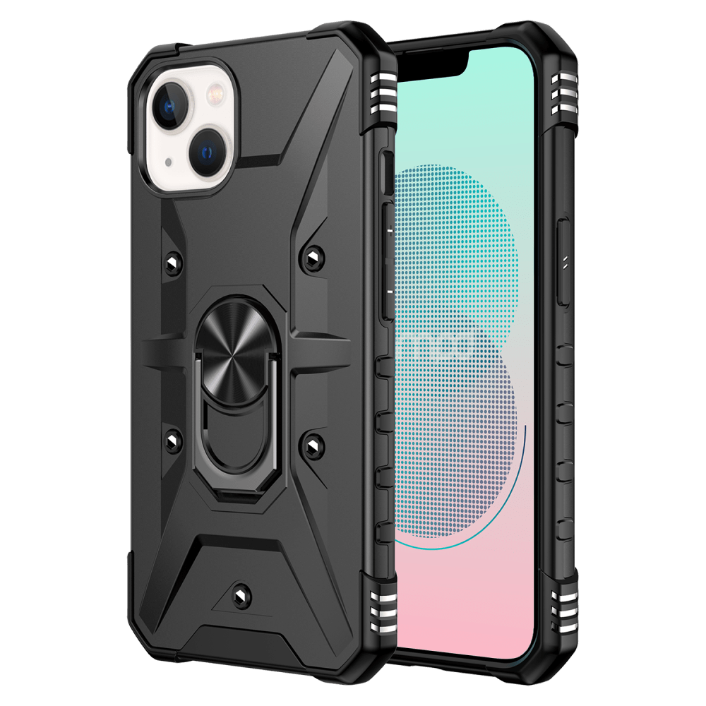 AMPD - Dual Layer Robot Combo Drop Protection Case with Ring for Apple iPhone 13 - Black