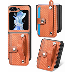 Galaxy Z Flip 5 Wallet Case with Credit Card Holder Slot & Wristband - BROWN
