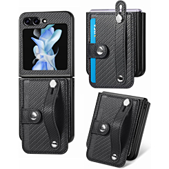 Galaxy Z Flip 5 Wallet Case with Credit Card Holder Slot & Wristband - BLACK