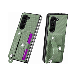 Galaxy Z Fold 6 Carbon Fiber Texture Card Slot Wrist Strap Holder Case - GREEN