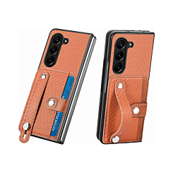 Carbon Fiber Texture Card Slot Wrist Strap Holder Case - BROWN for Galaxy Z Fold 6