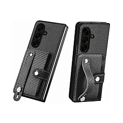 Galaxy Z Fold 7 Carbon Fiber Texture Card Slot Wrist Strap Holder Case - BLACK