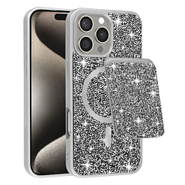 Full Glitter With Card Holder Case For 16 Pro Max- Silver