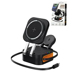 4-in-1 Wireless Charging Stand, Phone, Watch, Airpods, and Retractable Cable (15W) (BLACK)