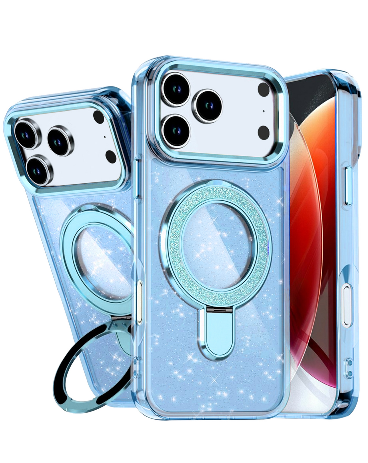 Glitter Ring Stand Protective Case for iPhone 17 Pro / 18 Pro (LIGHT BLUE)