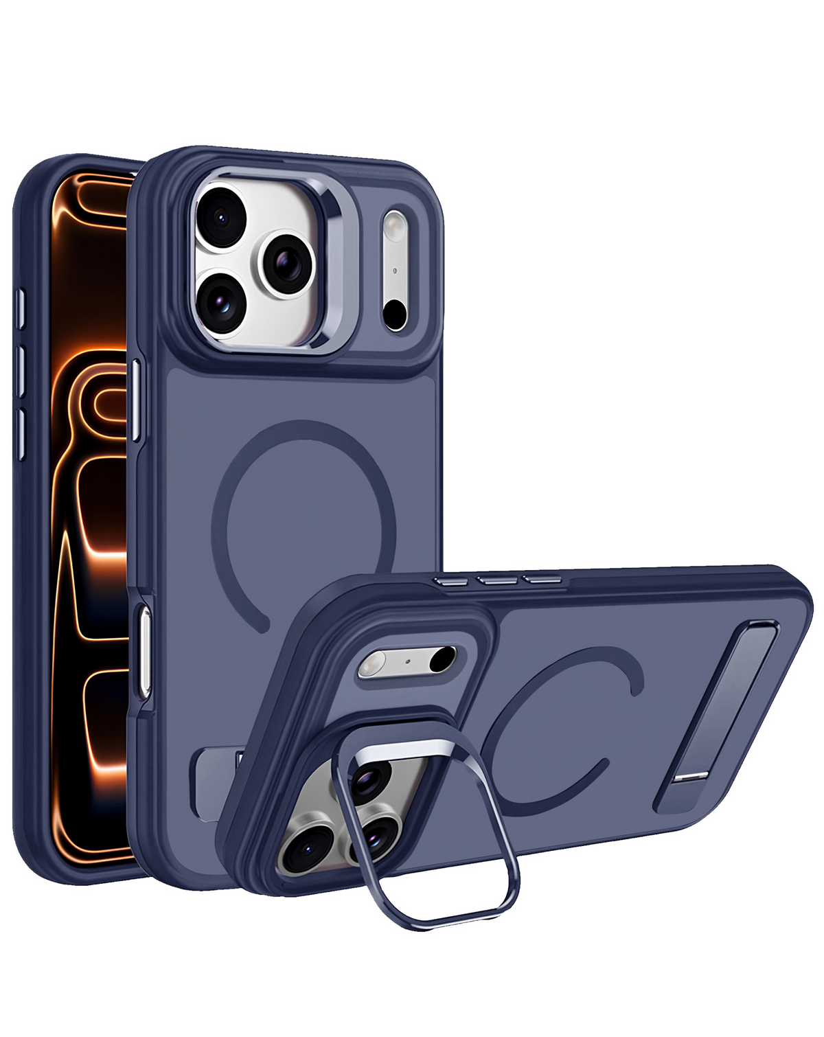 Matte Transparent Camera Stand & Kickstand with Wireless Charging Case for iPhone 17 Pro / 18 Pro (Blue)