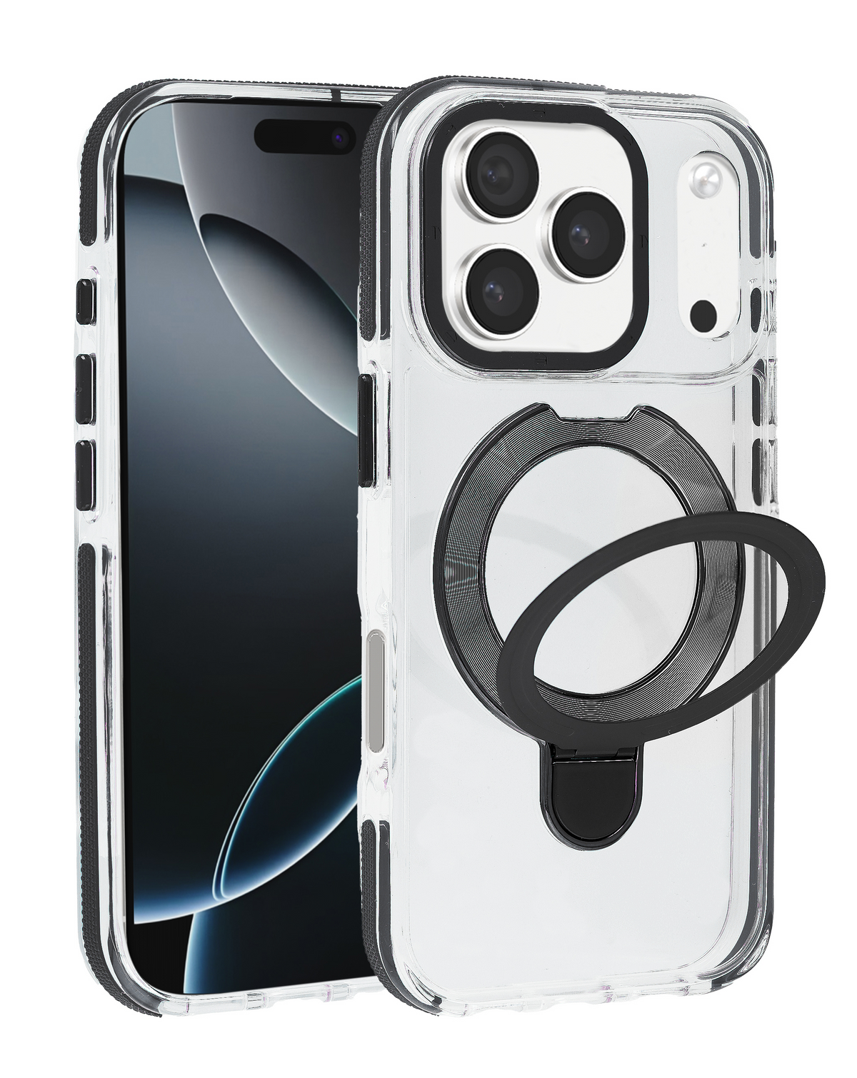 Transparent Wireless Charging Kickstand Case (Black) for iPhone 17 Pro / 18 Pro