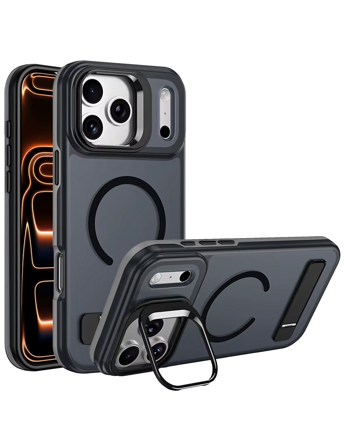 Matte Transparent Camera Stand & Kickstand with Wireless Charging Case for iPhone 17 Pro Max / 18 Pro Max (BLACK)