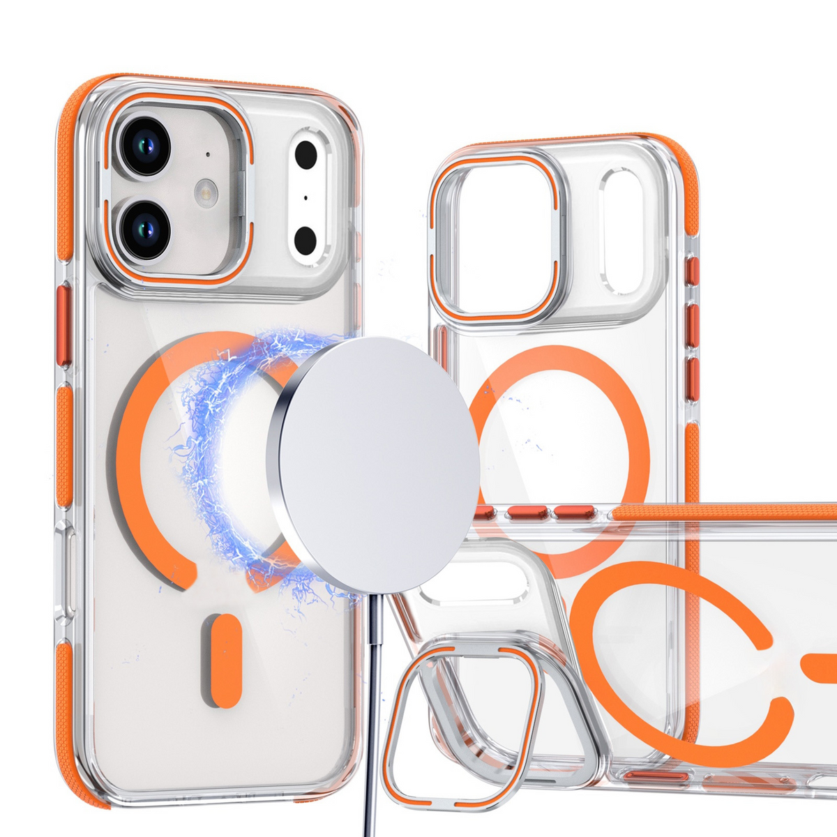 Thin Magnetic Clear Case with Camera Stand Kickstand (ORANGE) for iPhone 17 Pro Max / 18 Pro Max