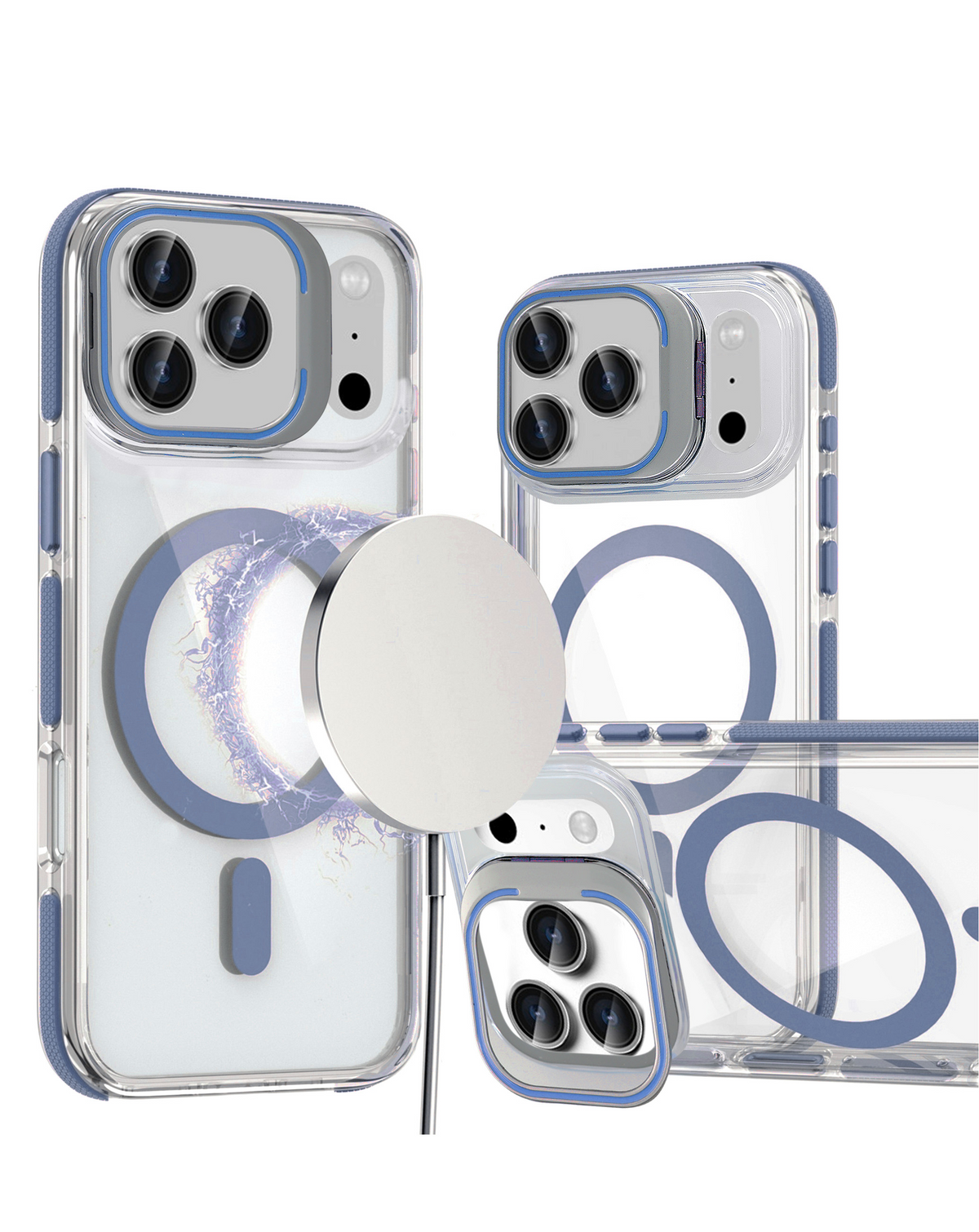 Thin Magnetic Clear Case with Camera Stand Kickstand (BLUE) for iPhone 17 Pro Max / 18 Pro Max