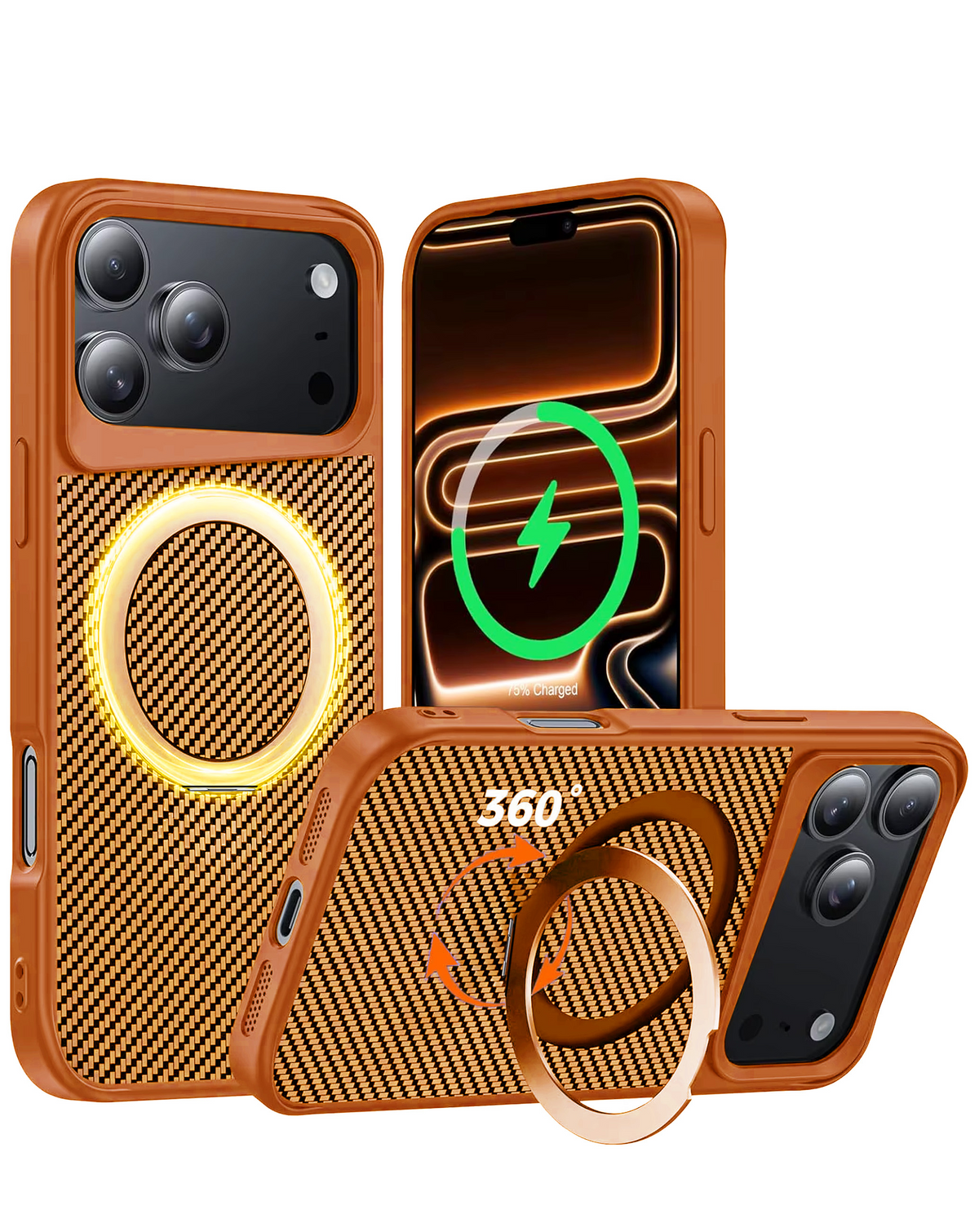 Premium Quality Magnetic Protective Case with 360 Rotating Ring Stand for iPhone 17 Pro Max / 18 Pro Max (ORANGE)