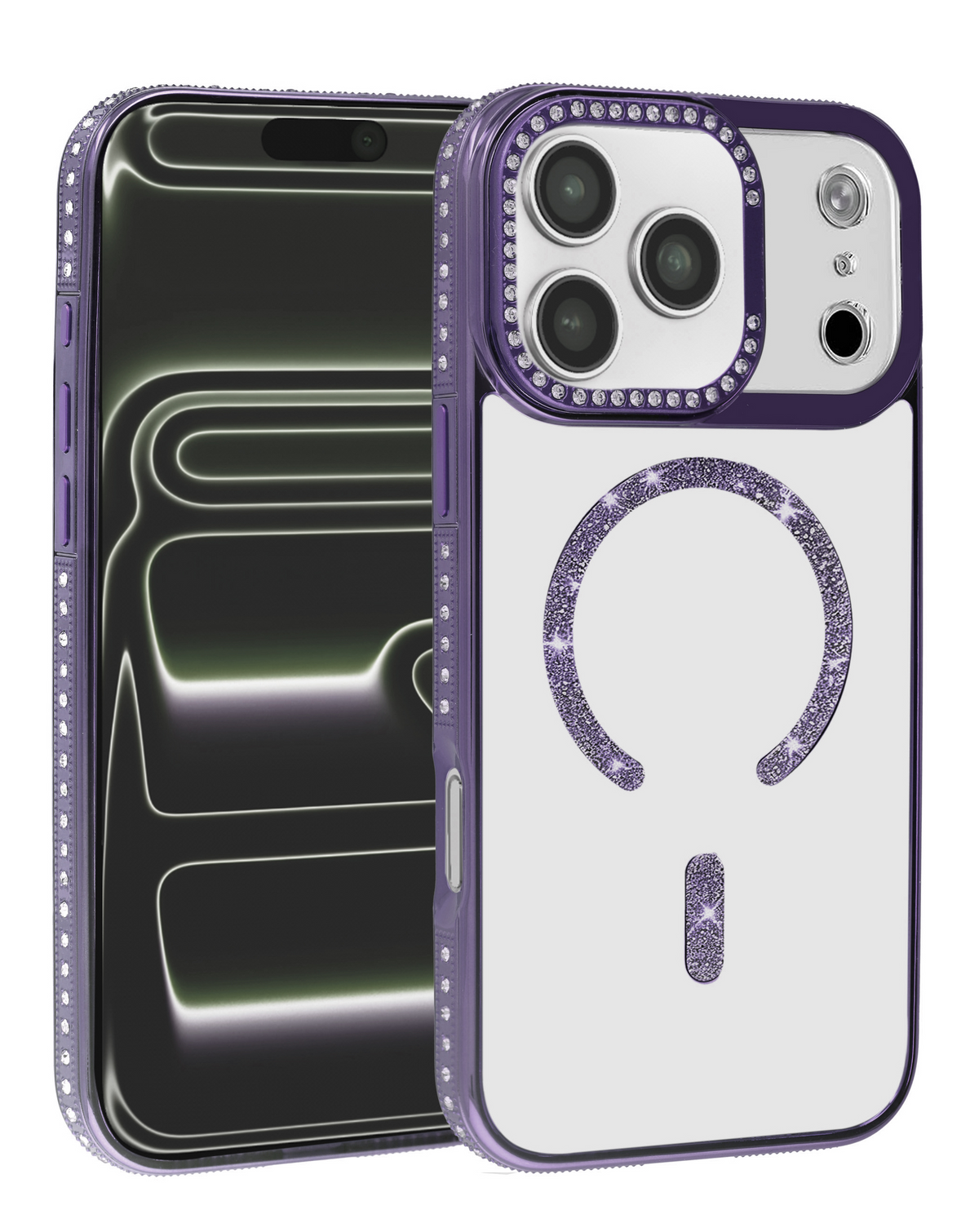 Rhinestone Magnetic Clear Protective Case for iPhone 17 Pro Max / 18 Pro Max (PURPLE)