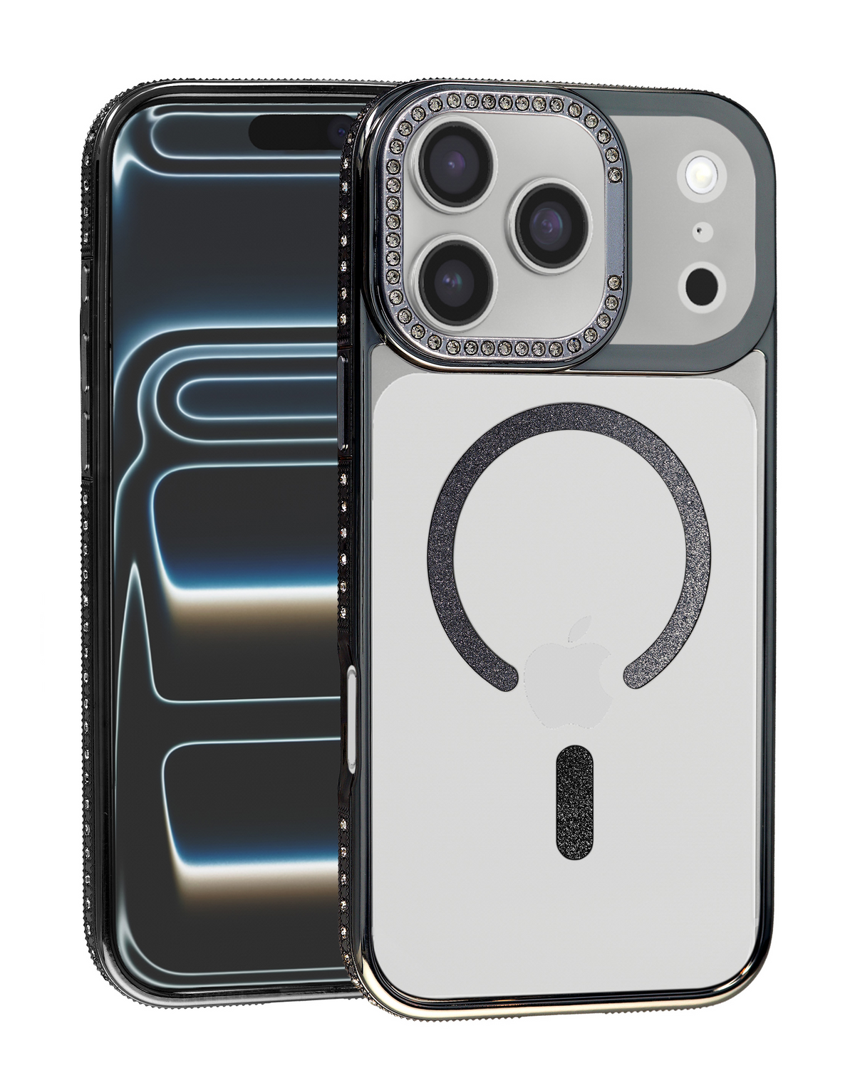 Rhinestone Magnetic Clear Protective Case for iPhone 17 Pro Max / 18 Pro Max (BLACK)