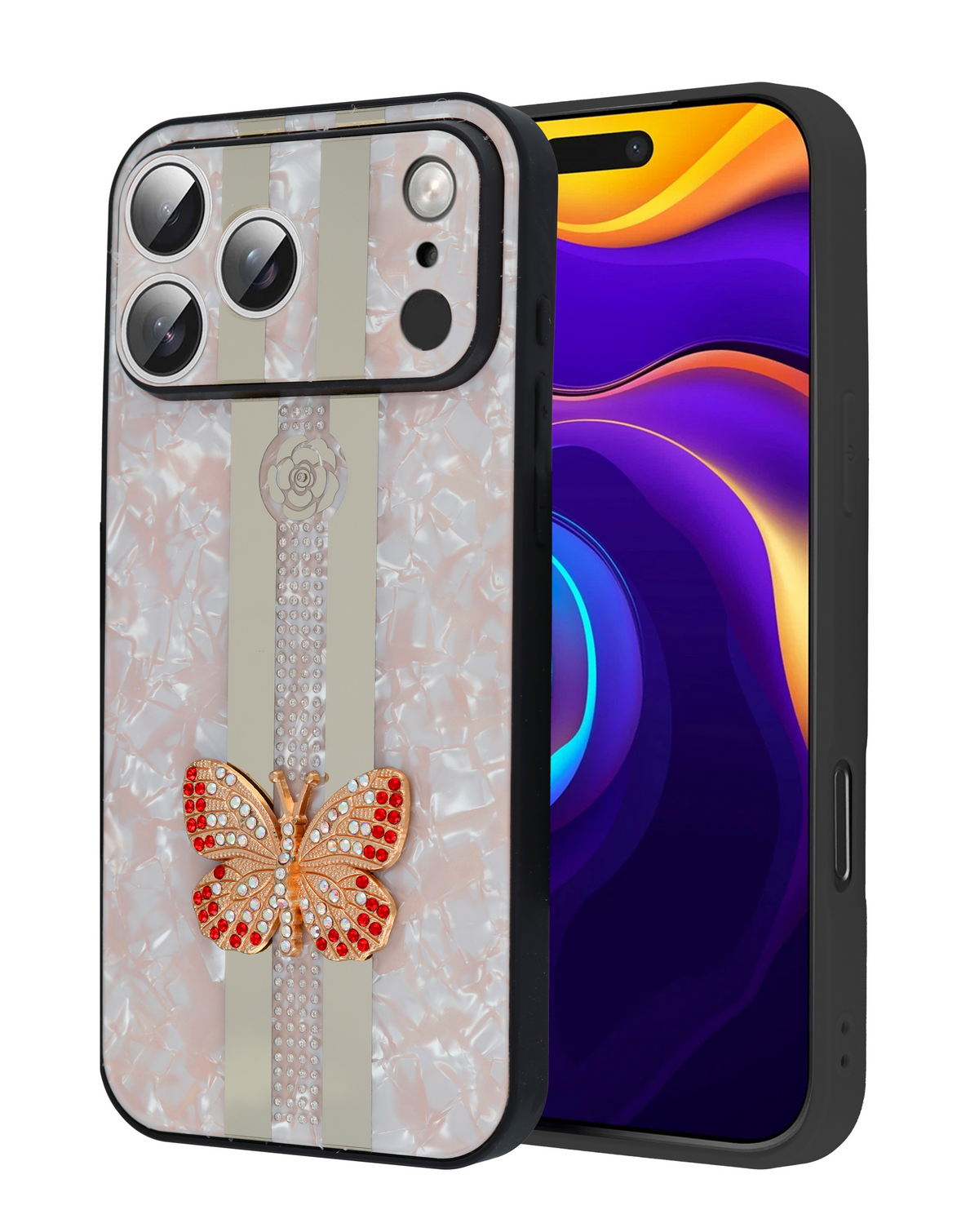Luxury Printed Ring Holder Case for iPhone 17 Pro Max / 18 Pro Max (PINK BUTTERFLY STRIPE)