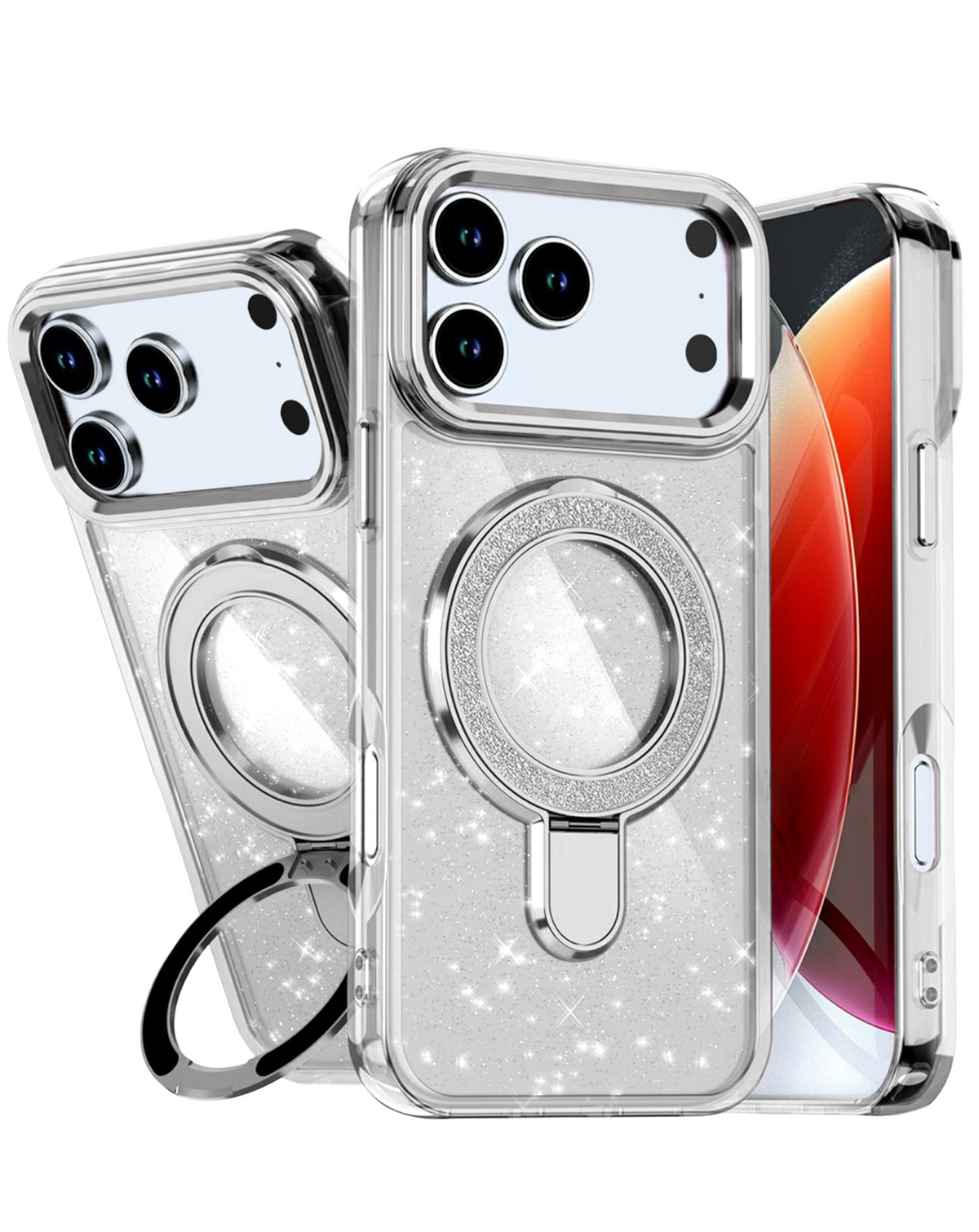 Glitter Ring Stand Protective Case for iPhone 17 Pro Max / 18 Pro Max (CLEAR)