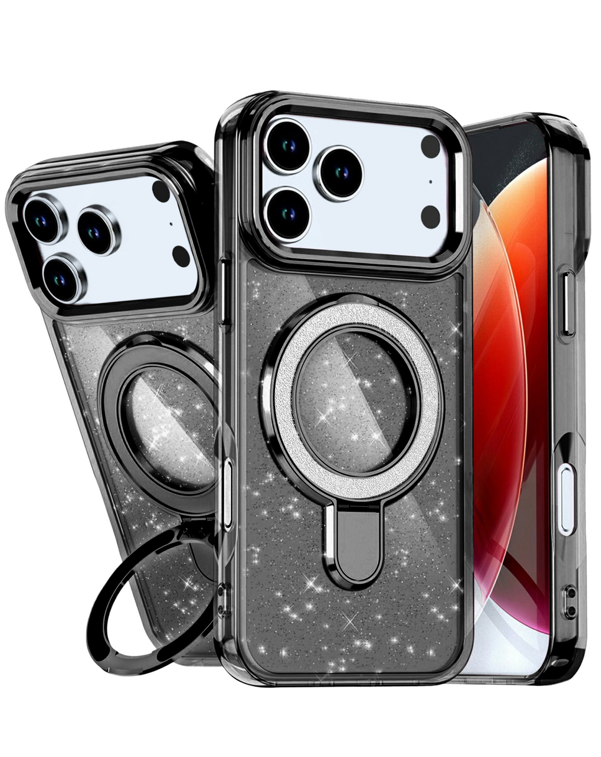 Glitter Ring Stand Protective Case for iPhone 17 Pro Max / 18 Pro Max (BLACK)