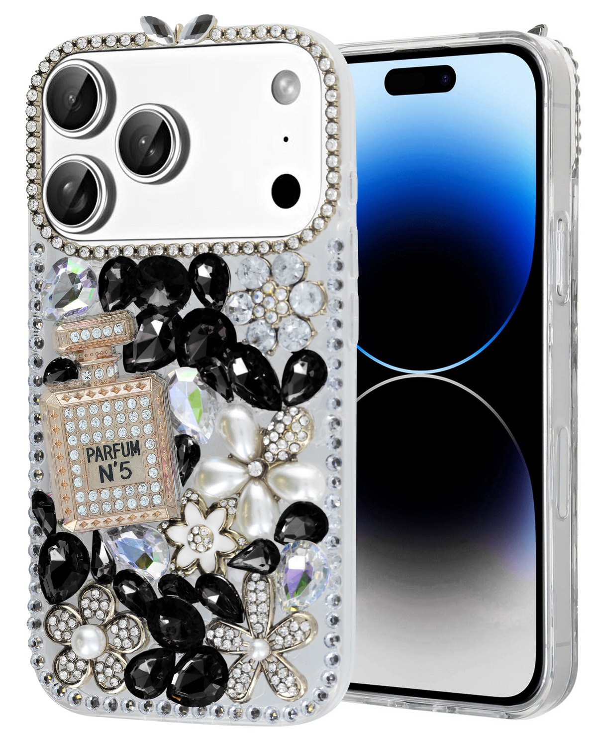 Crystal Flower Perfume Silicone Hard Case for iPhone 17 Pro Max / 18 Pro Max (BLACK)
