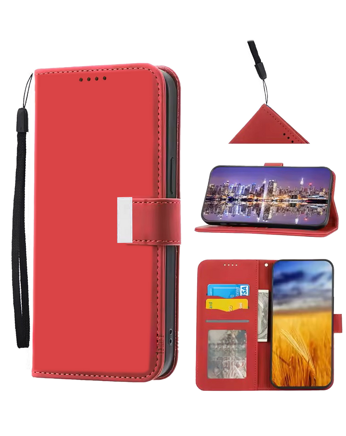 Elegant Leather Wallet Case with Wristlet Strap for iPhone 17 Pro Max / 18 Pro Max (RED)