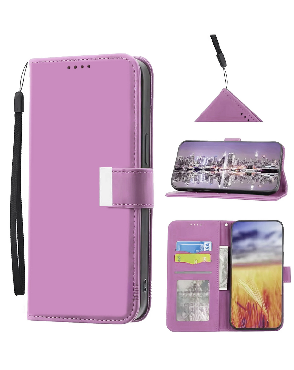 Elegant Leather Wallet Case with Wristlet Strap for iPhone 17 Pro Max / 18 Pro Max (PURPLE)