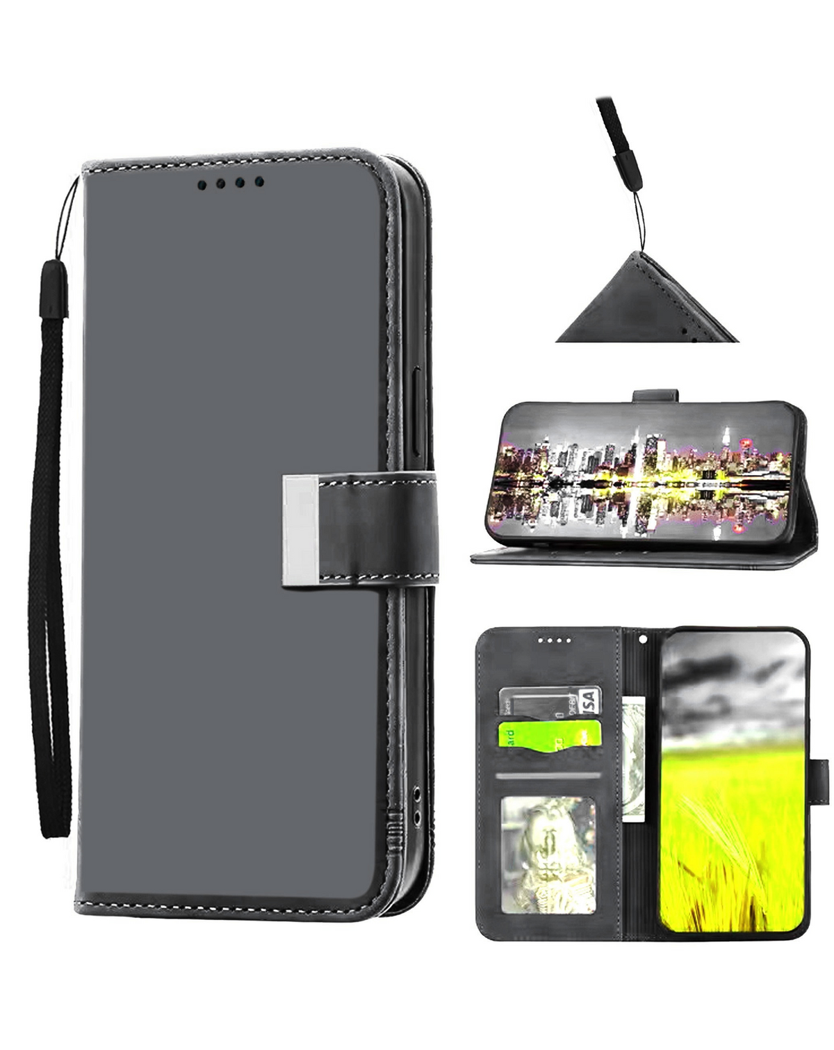 Elegant Leather Wallet Case with Wristlet Strap for iPhone 17 Pro Max / 18 Pro Max (BLACK)