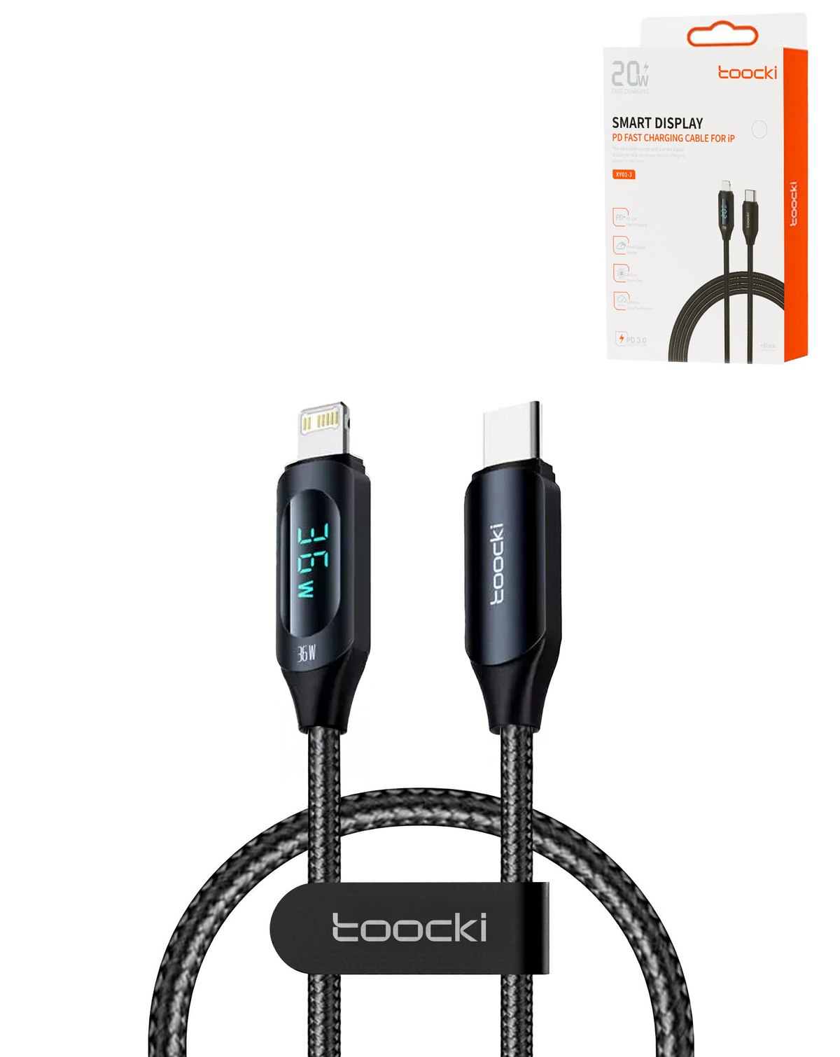 Toocki USB C-L Non-MFI Fast Charging Data Cable with Display (BLACK) (20W) (3ft)