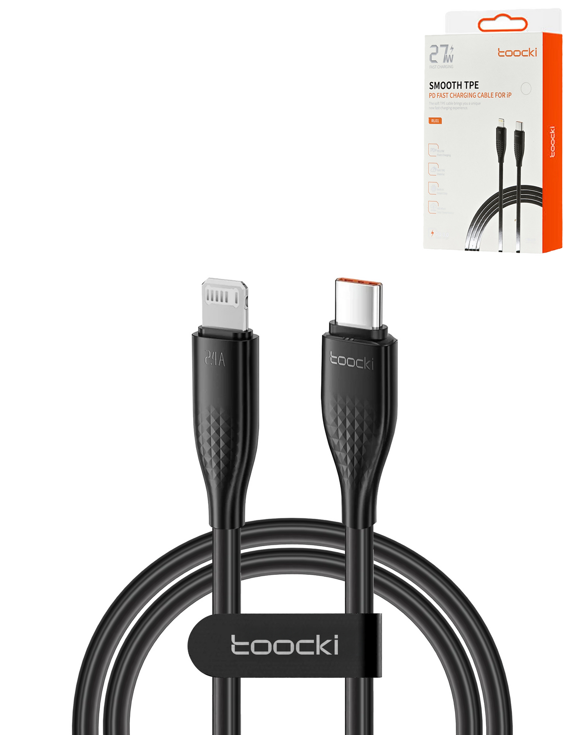 Toocki USB C-L Non-MFI Fast Charging Data Cable (BLACK) (6ft) (27W)