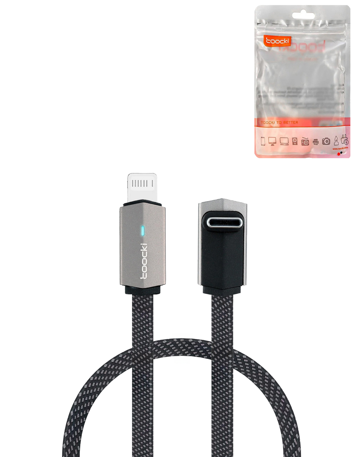Toocki Car Series USB C-L Non-MFI Thick Braided Fast Charging Data Cable (GRAY) (3ft) (20W)