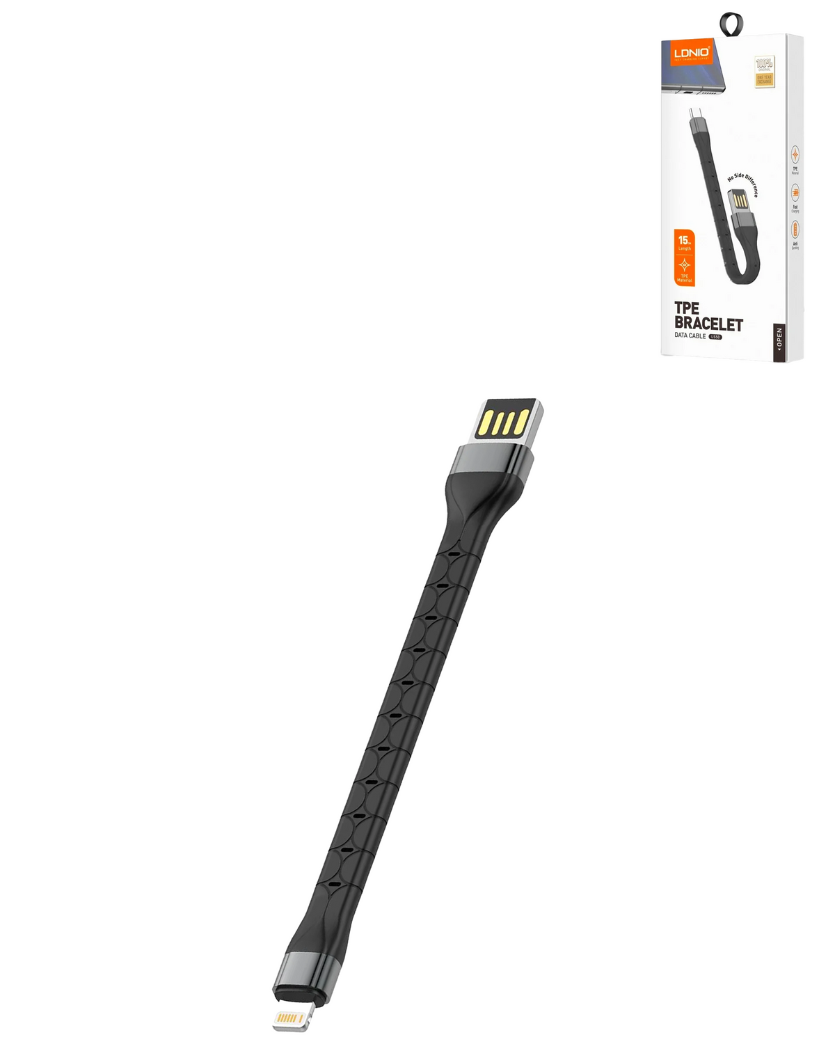 LDNIO LS50 USB A-L Non-MFI TPE Bracelet Charging Cable (BLACK) (0.5ft) (12W)