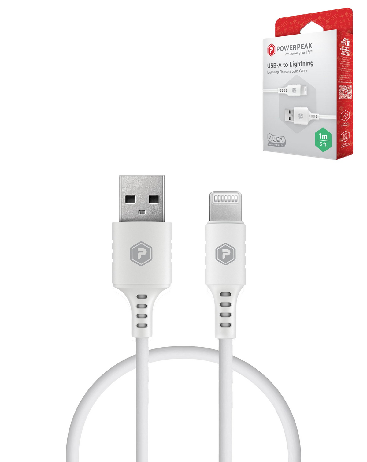 PowerPeak ECONOMY USB A-L Cable NON MFI (WHITE) (3ft) (12W)