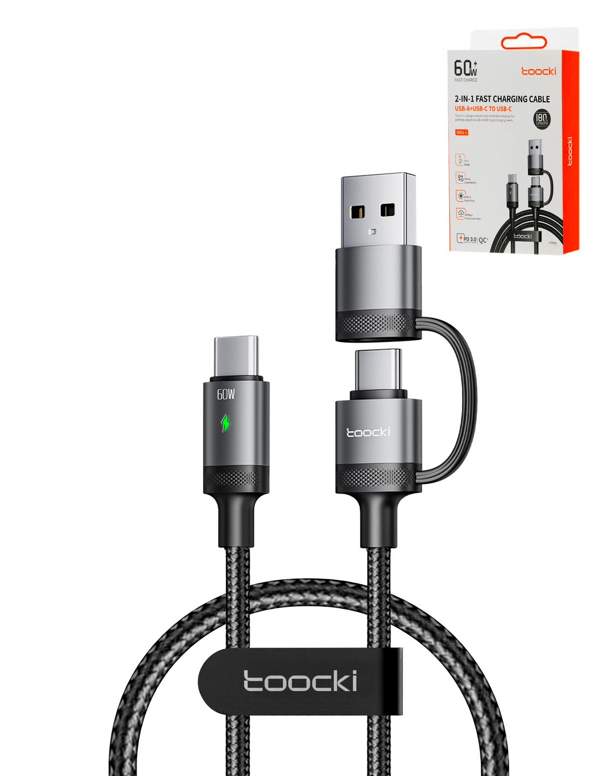 Toocki USB A+C to C Fast Charging Data Cable (3ft) (60w) (GRAY)
