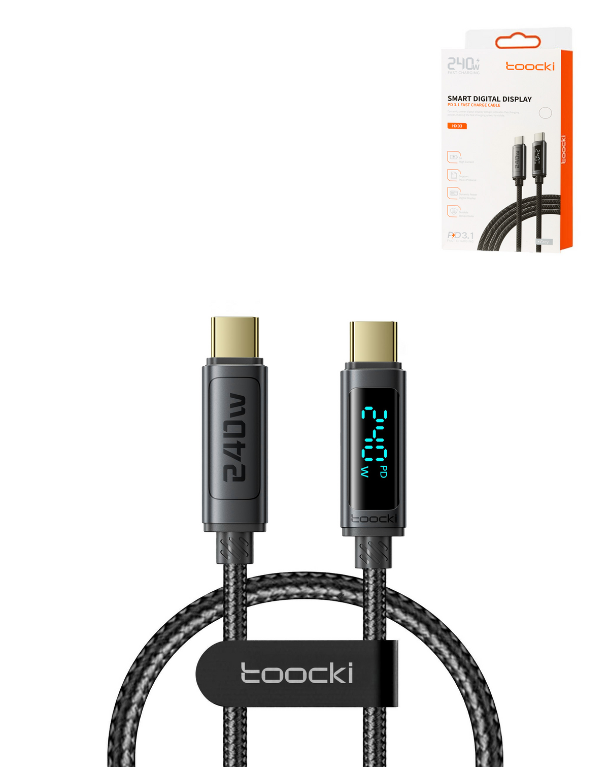 Toocki USB C-C Super Fast Charging Data Cable with Display (GRAY) (240W) (3ft)