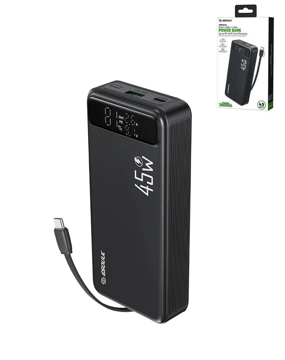 Esoulk 20000mAh Power Bank with Built-in USB-C Cable - 45W PD Fast Charging