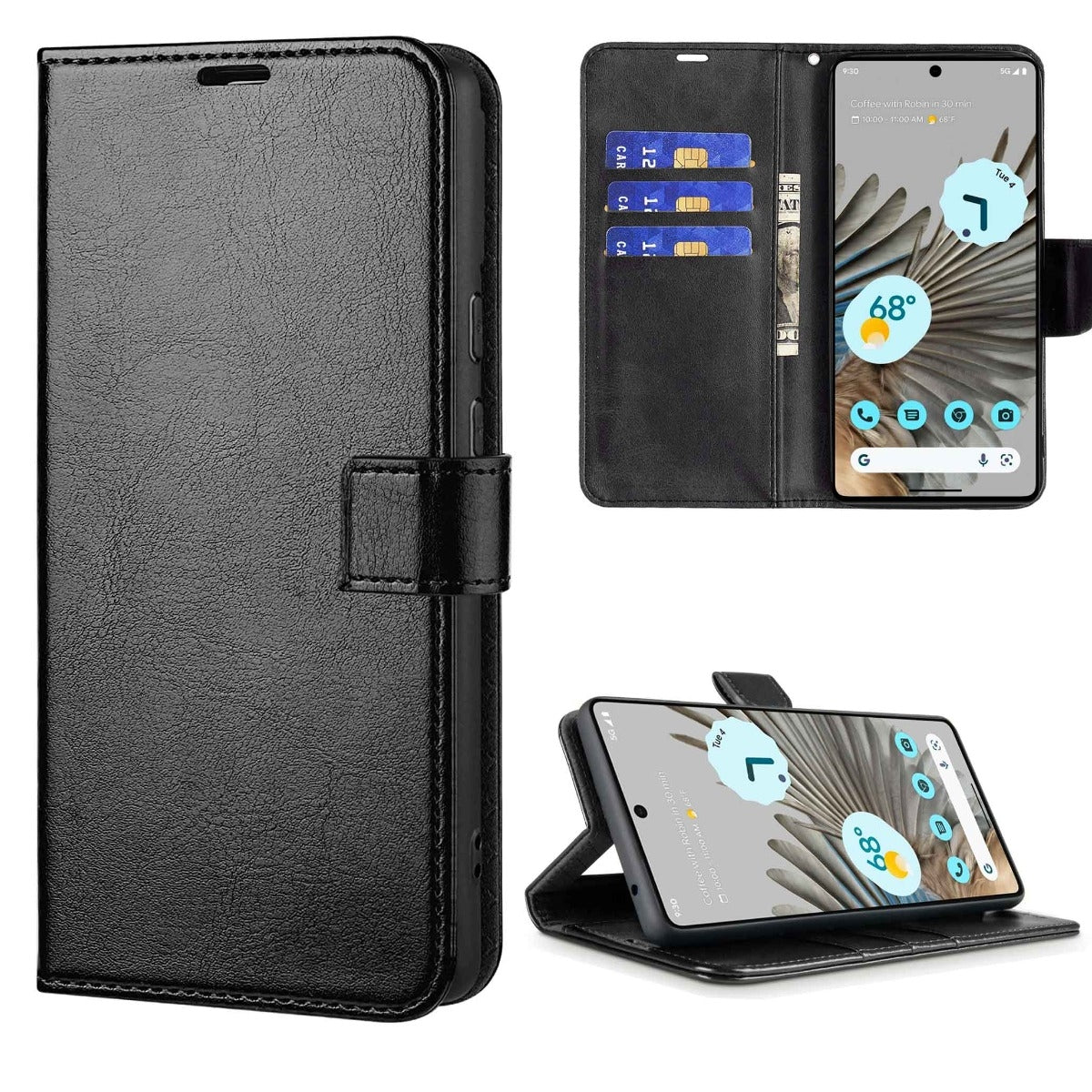 Google Pixel 7 Leather Wallet Case with Card Slot - BLACK