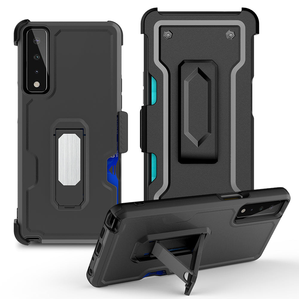 Moto G Power 2021 Heavy Duty Kickstand With Card Holder & Clip Black