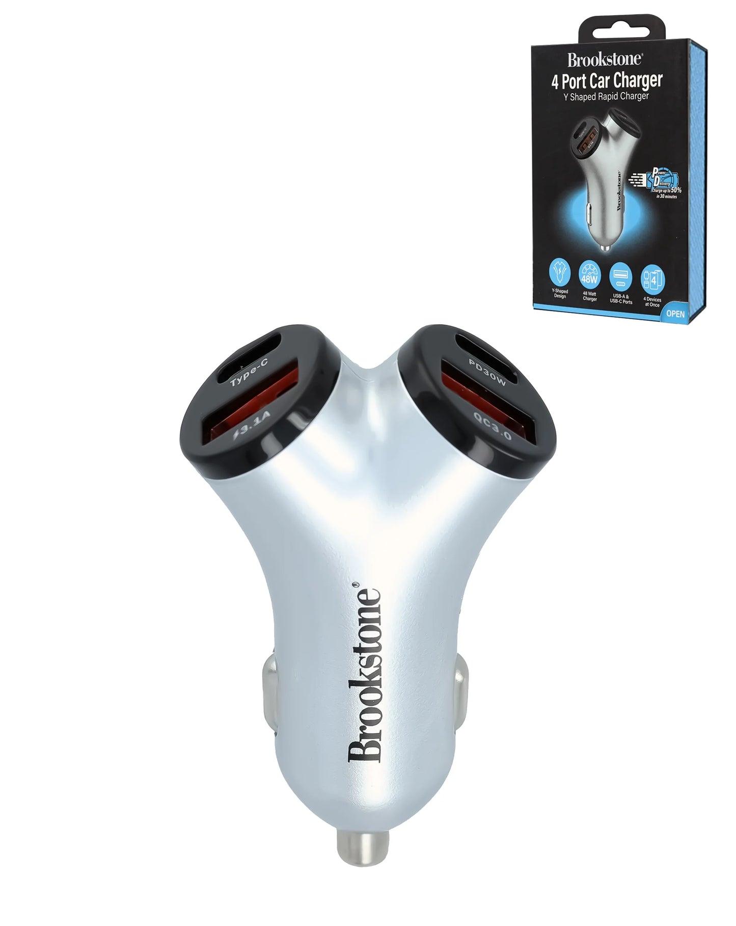 Brookstone 4 Port Car Charger - Y-Shaped Rapid Charger