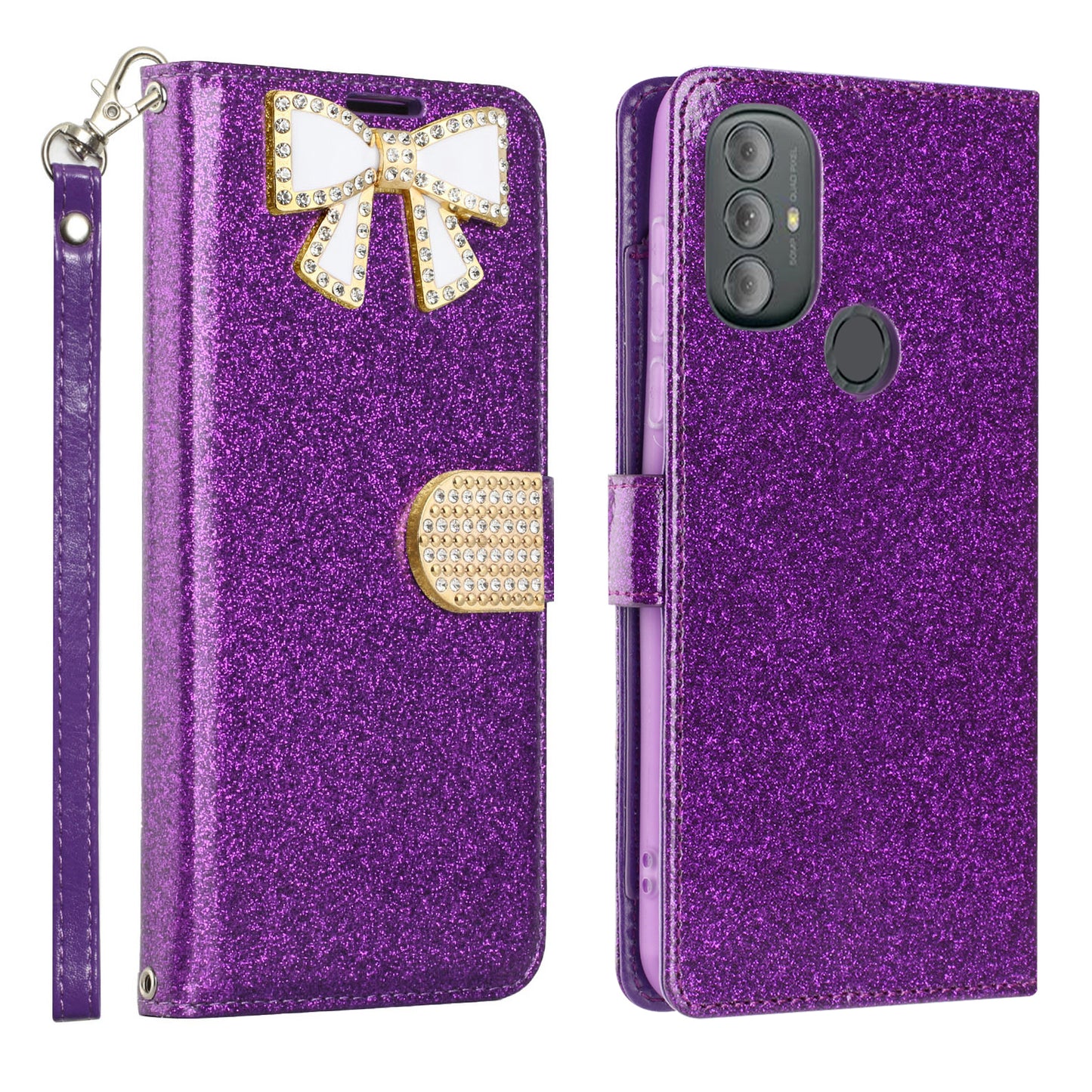 Moto G Play 2023/G Power 2022/G Pure Dual Layered Multi-Card Slot Diamond Wallet Case Purple