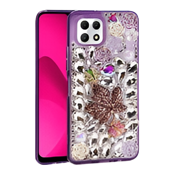 T-Mobile Revvl 7 Pro 5G Luxury Diamond Case With Leaf Design & Strap Purple