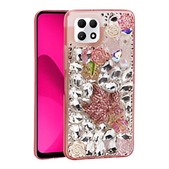 T-Mobile Revvl 7 5G Luxury Diamond Case With Leaf Design & Strap Pink