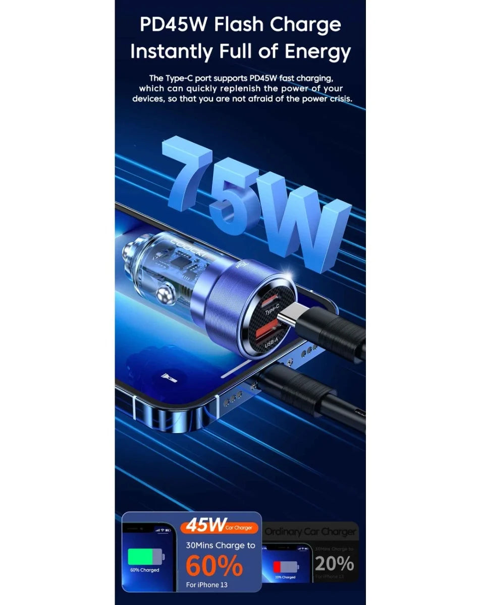 75W Dual-Port Car Charger with Transparent Design