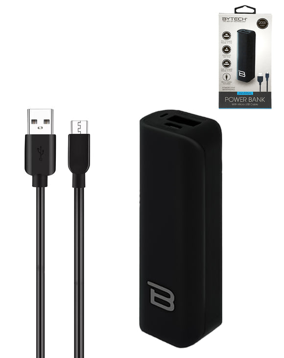 Bytech 2000mAh Power Bank with Micro USB Cable - Compact and Portable