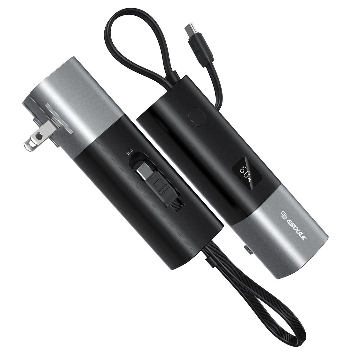 Esoulk 3-in-1 Portable Charger - 5,000 mAh Power Bank with Built-in USB-C Cable and Foldable AC Plug