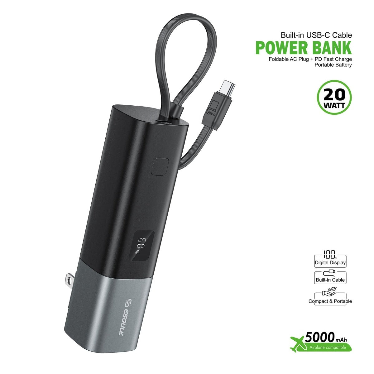 Esoulk 3-in-1 Portable Charger - 5,000 mAh Power Bank with Built-in USB-C Cable and Foldable AC Plug