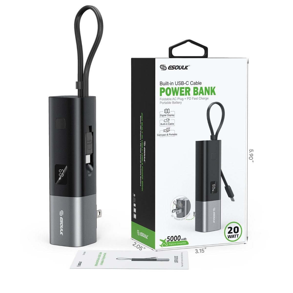 Esoulk 3-in-1 Portable Charger - 5,000 mAh Power Bank with Built-in USB-C Cable and Foldable AC Plug